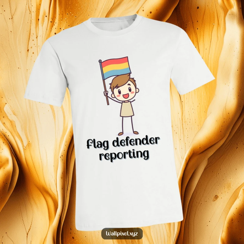 Funny t-shirt with a stick figure character enthusiastically waving a pixelated flag, representing cheerful victory.