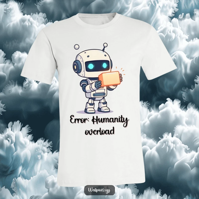 Funny t-shirt print of a friendly, pixelated robot enthusiastically presenting a luminous, glowing cube, representing discovery and fun.