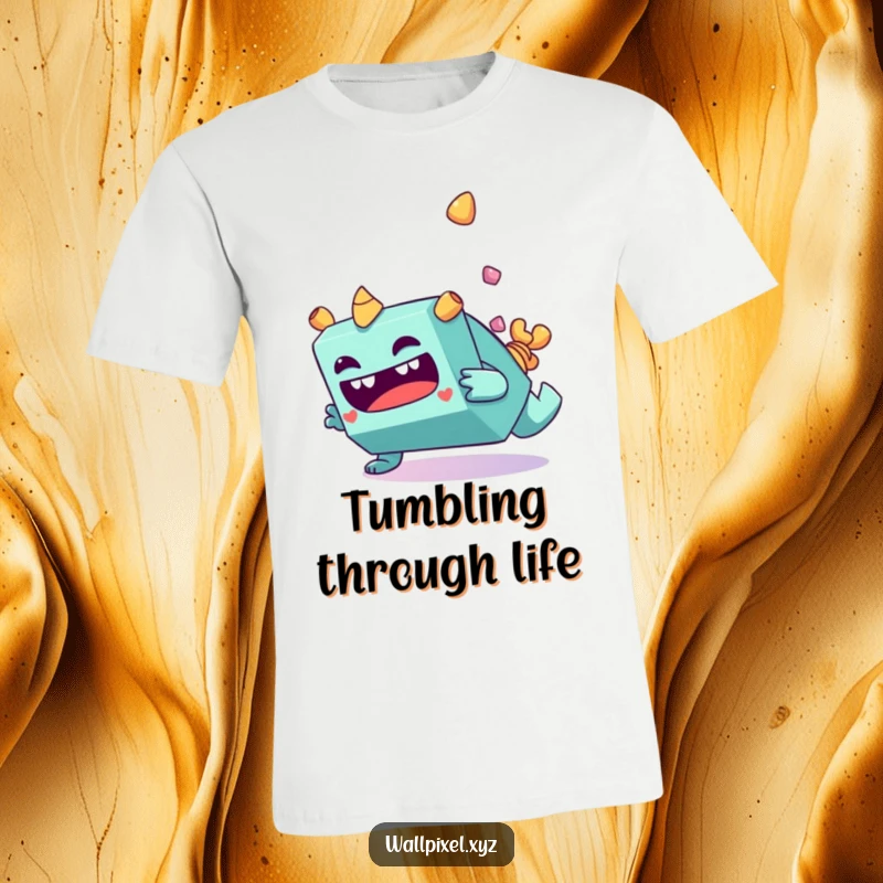 Funny blocky monster character making a funny face while tumbling end over end on a t-shirt.