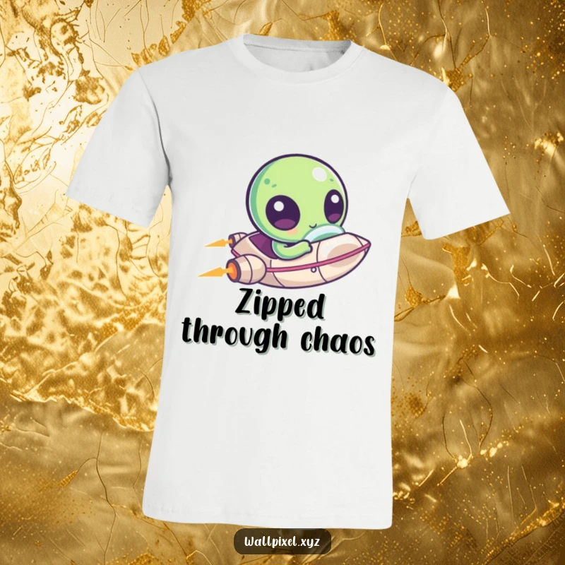 Funny t-shirt featuring a kawaii pixelated alien with enormous eyes, piloting a tiny spaceship with a determined, joyful expression.