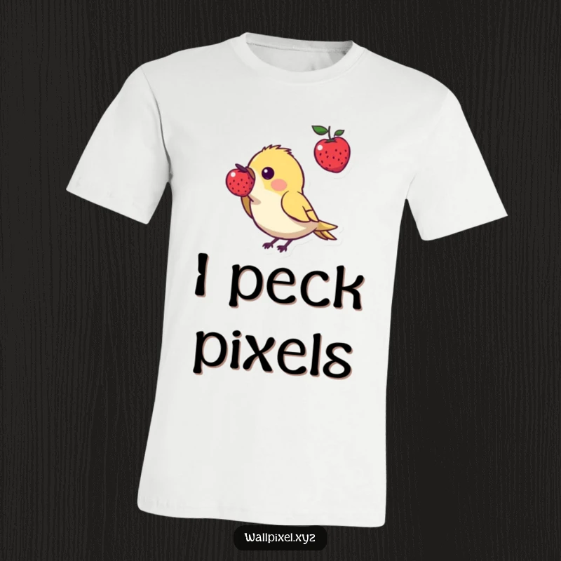 Funny pixel art t-shirt showcasing a small, angular bird character enthusiastically pecking at a floating pixelated berry, highlighting its adorable gaming aesthetic.