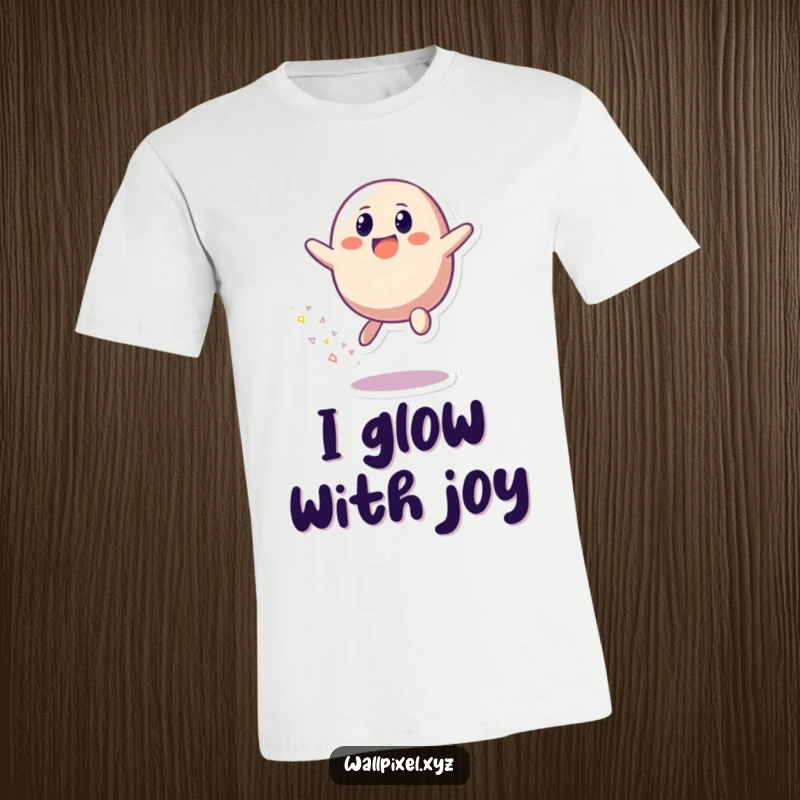 Funny t-shirt featuring a pixelated blob character bouncing exuberantly, scattering bright pixels, exuding pure, pixelated joy.