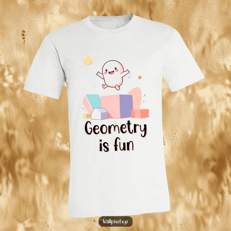 Funny smiling pixel figure bouncing on abstract geometric shapes on a t-shirt.