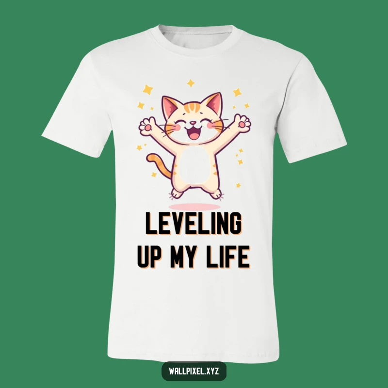 Funny Pixel Cat Leap T-Shirt: Retro Gamer Style, Joyful Starry Design