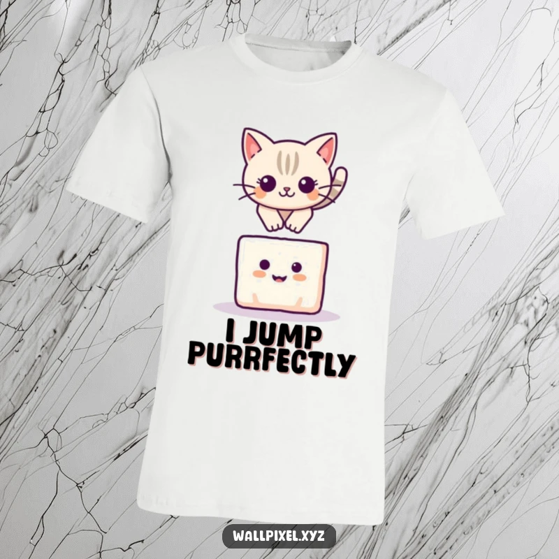 Funny t-shirt with a pixelated cat leaping joyfully over a smiling square block, showcasing agility and cuteness.