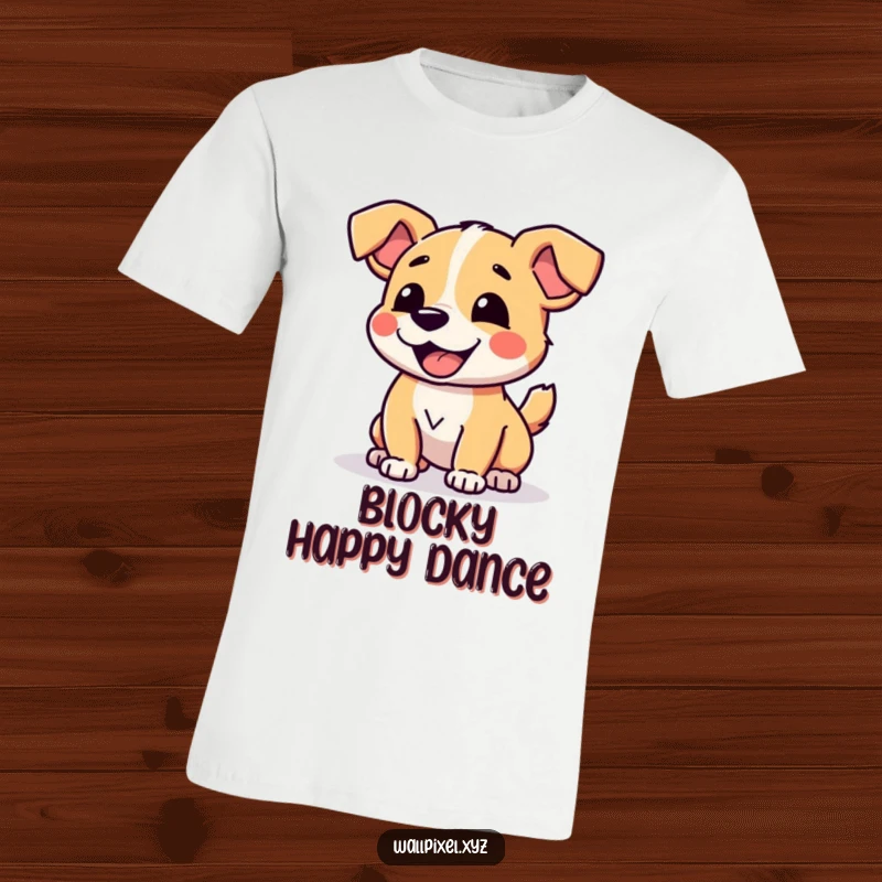 Funny Pixelated Dog T-Shirt of a charming digital dog joyfully wagging its blocky tail in retro style.