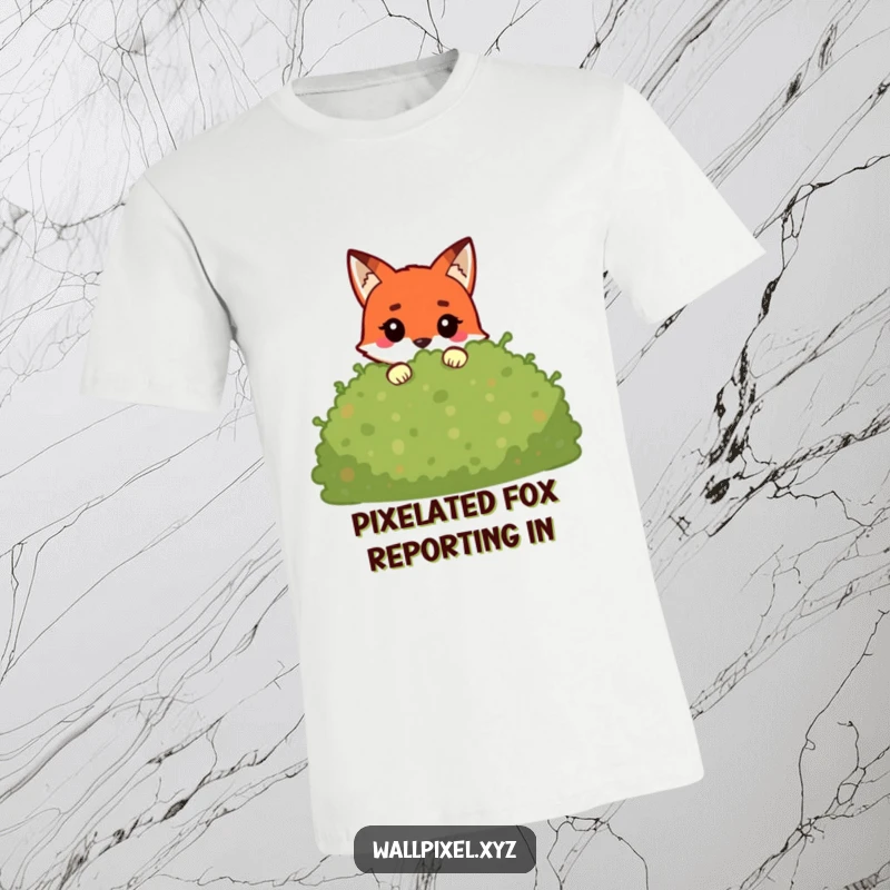 Funny pixel fox t-shirt showcasing a blocky character peeking from a pixelated bush, great for retro game enthusiasts.