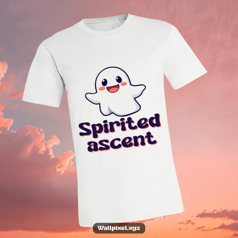 Funny t-shirt depicting a happy pixelated ghost with a serious but friendly expression, ascending with a playful spirit.