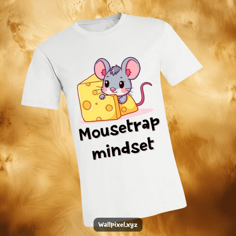 Funny pixelated mouse character peeking from behind a giant digital cheese block on a t-shirt.