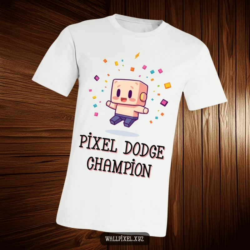 Funny t-shirt with a blocky pixel character comically evading pixelated confetti, celebrating retro gaming and playful chaos.