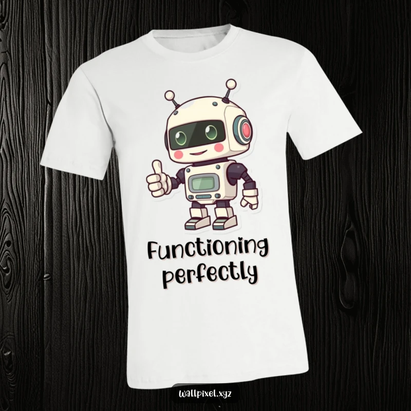 Funny t-shirt showcasing a cheerful pixel robot giving a thumbs up with its blocky hand, great for tech fans.