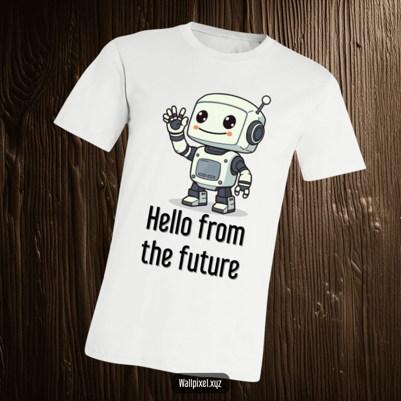 Funny t-shirt featuring a smiling pixelated robot waving with a single digital arm, celebrating retro sci-fi and a friendly, approachable vibe.