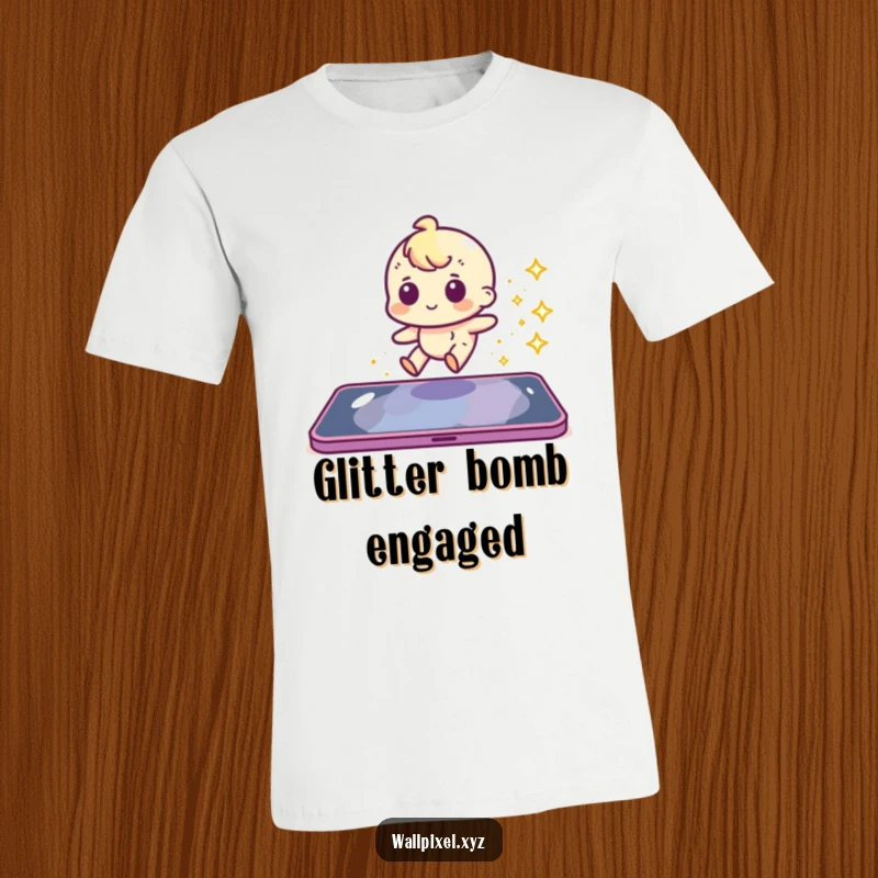Funny pixel character sliding and leaving a sparkly trail on a t-shirt, ideal for gamer apparel.