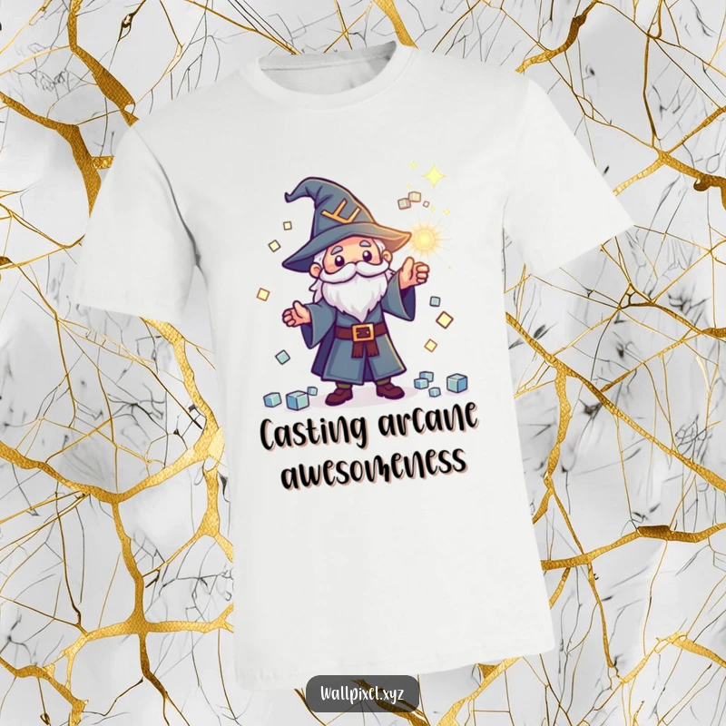 Funny pixel wizard T-shirt showing a tiny wizard casting a spell with sparkling cube magic, retro game graphic.