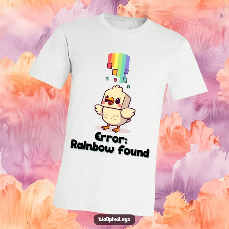 Funny Bird T-Shirt: A blocky bird character displays a startled expression as a pixelated rainbow descends, designed for retro gaming fans.