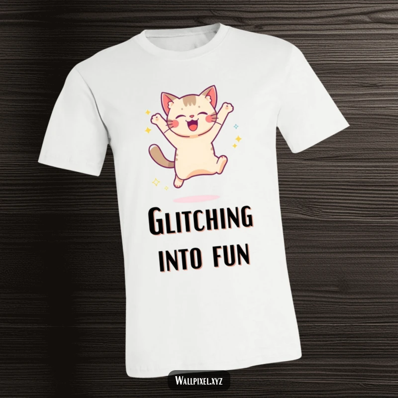 Funny t-shirt depicting a pixelated cat mid-jump, leaving a trail of digital sparkles, embodying retro gaming excitement and feline joy.