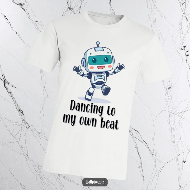 Funny t-shirt showcasing a pixelated robot doing a joyful, uncoordinated dance, perfect for clumsy dancers.