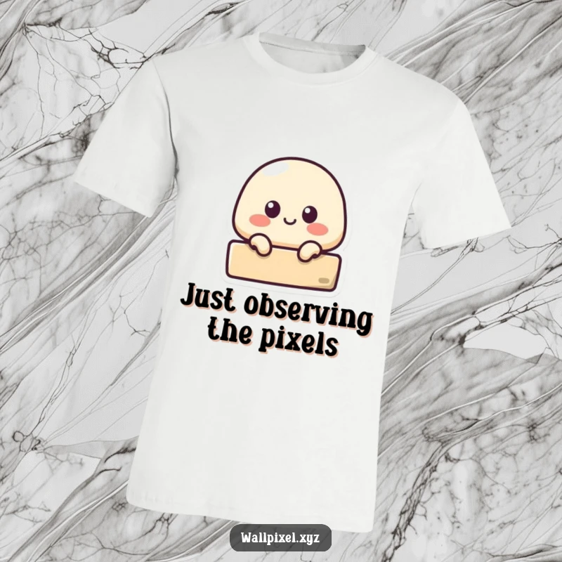 Funny t-shirt displaying a small pixelated blob character peeking mischievously from behind a block, a retro gamer's delight.