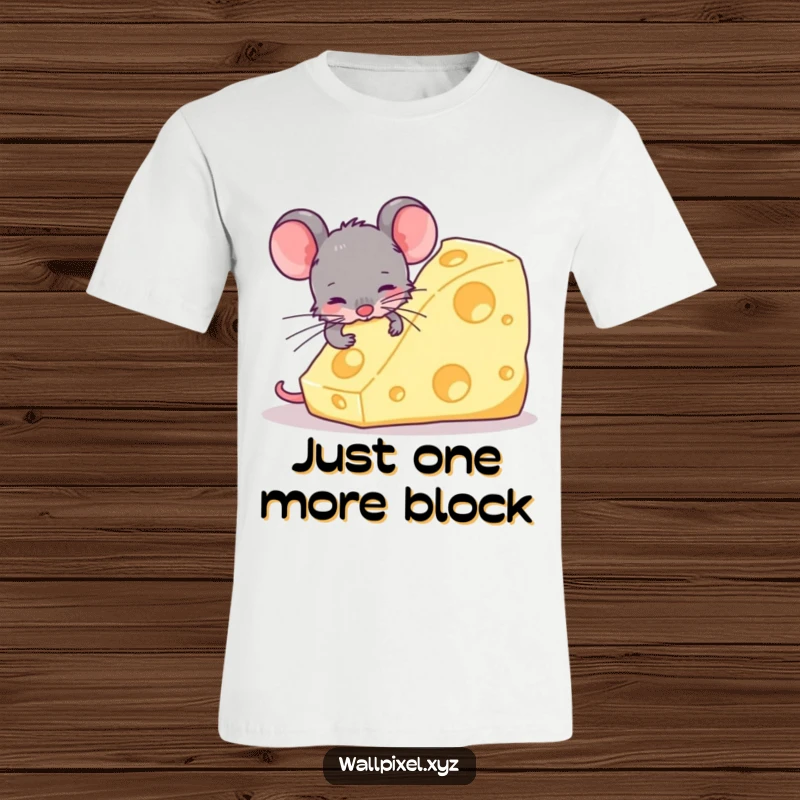 Funny t-shirt with pixelated retro video game style mouse devouring a massive blocky cheese, showcasing a nostalgic and humorous gaming scene.