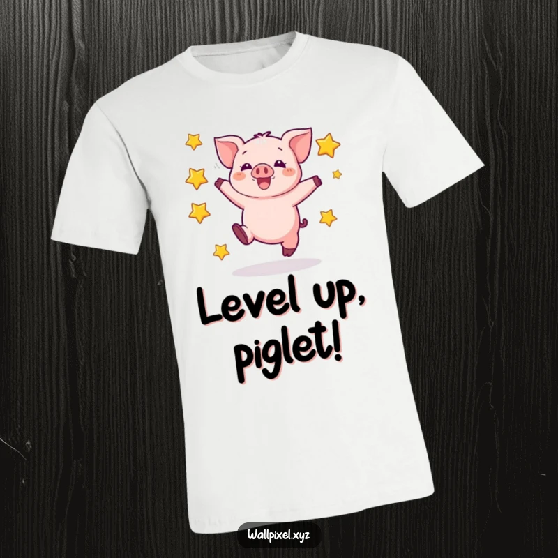 Funny t-shirt with a pixelated piglet mid-jump, surrounded by blocky stars, celebrating retro gaming joy and excitement.
