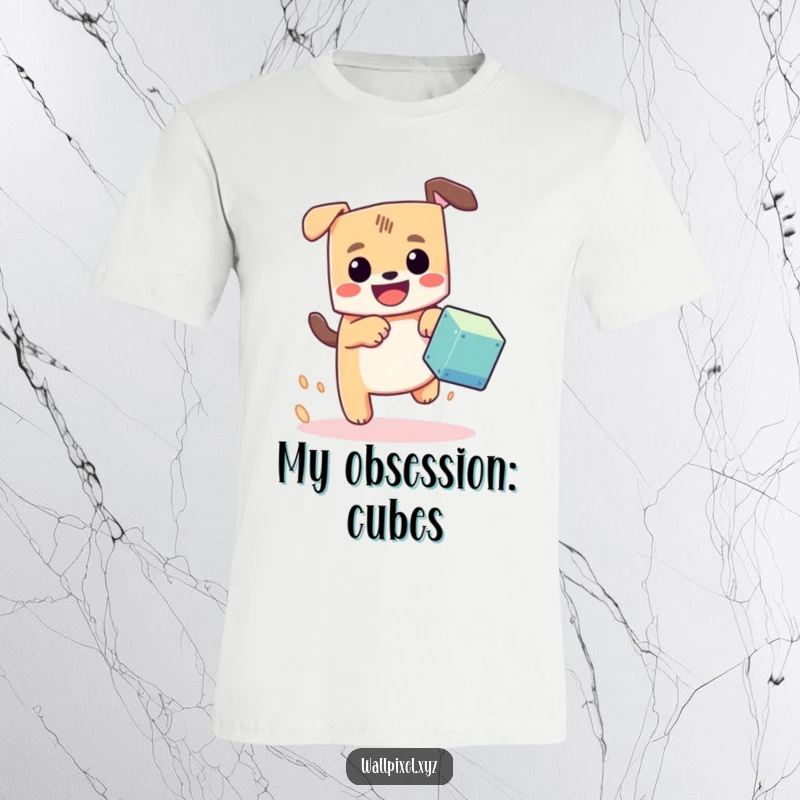 Funny pixel dog t-shirt, a blocky dog with a happy grin excitedly chasing a pixel cube, symbolizing playful pursuit.