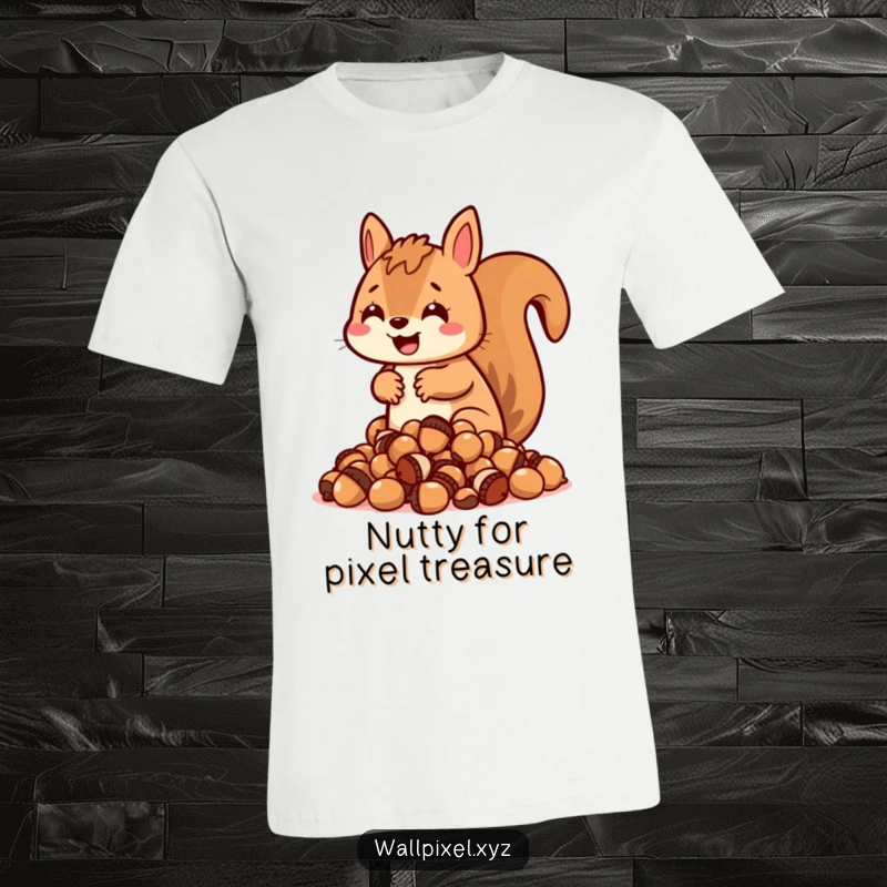 Funny blocky squirrel T-shirt, character enthusiastically hoarding a pile of pixelated acorns, gamer style.
