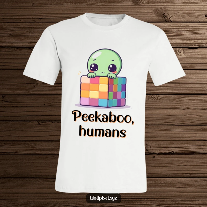 Funny Pixelated Alien T-Shirt of a cute alien peeking from behind a colorful pixelated cube in retro style.