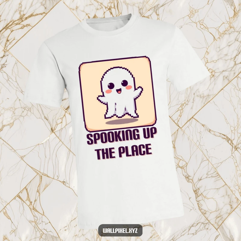 Funny t-shirt displaying a pixelated ghost character playfully haunting a square, a charming retro spookiness.