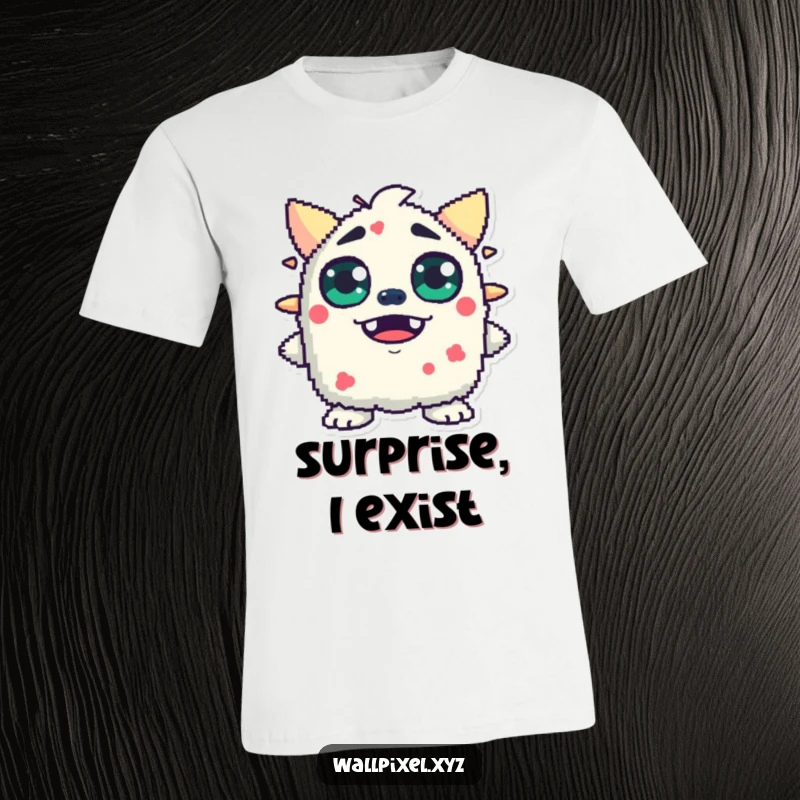Funny t-shirt featuring a pixelated monster with wide, blocky eyes, hilariously expressing shock and surprise in a retro design.