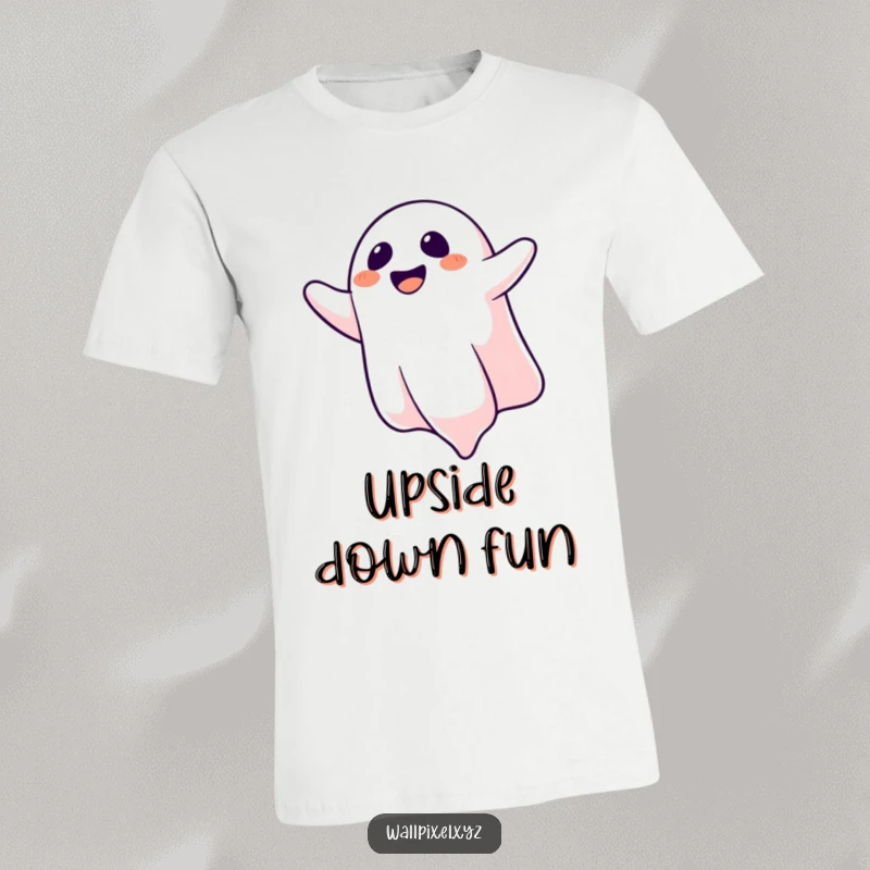 Funny t-shirt with a laughing pixelated ghost floating upside down, embodying playful mischief and spectral joy.