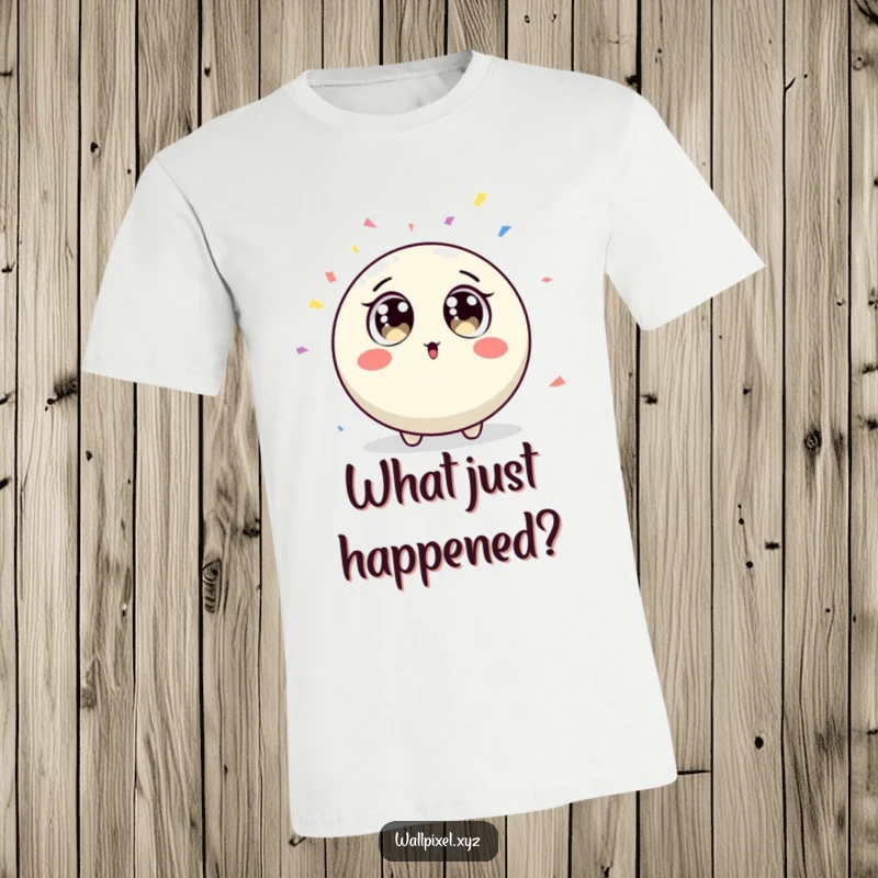 Funny round pixel character with surprised big eyes looking at falling confetti on a t-shirt.