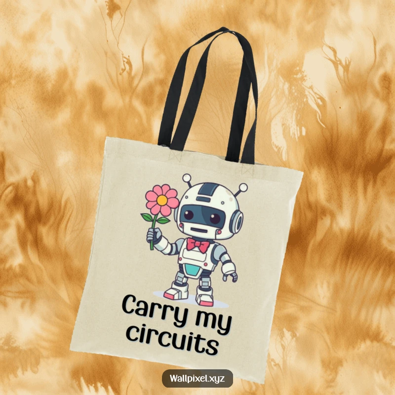 Funny Retro Robot Tote Bag: A charming vintage robot with a bow offers a pixelated flower, perfect for carrying items with style.