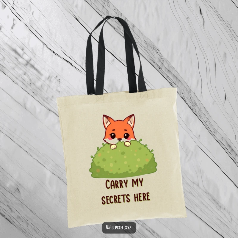 Funny pixel fox tote bag with a blocky character playfully peeking from behind a pixelated bush, a stylish and humorous accessory.