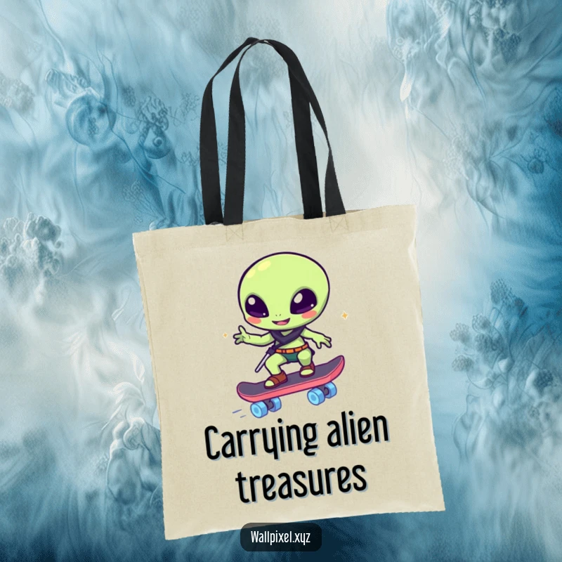 Funny tote bag: A pixelated alien winks while skateboarding on glowing blocks, a humorous and practical accessory.