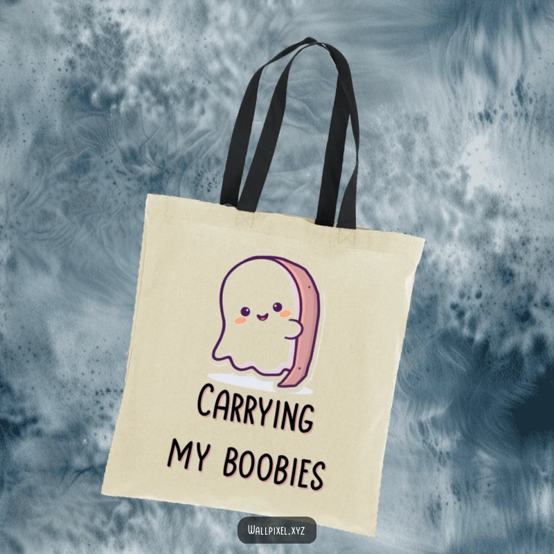 Funny ghost tote bag showcasing a simplified ghost popping out from behind a pixelated background. Perfect for shoppers.