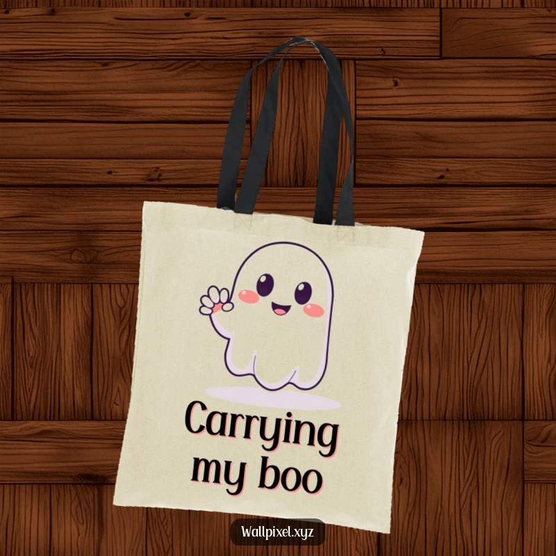 Funny tote bag featuring a smiling pixelated ghost waving hello with its blocky gesture, perfect for carrying items with retro flair.