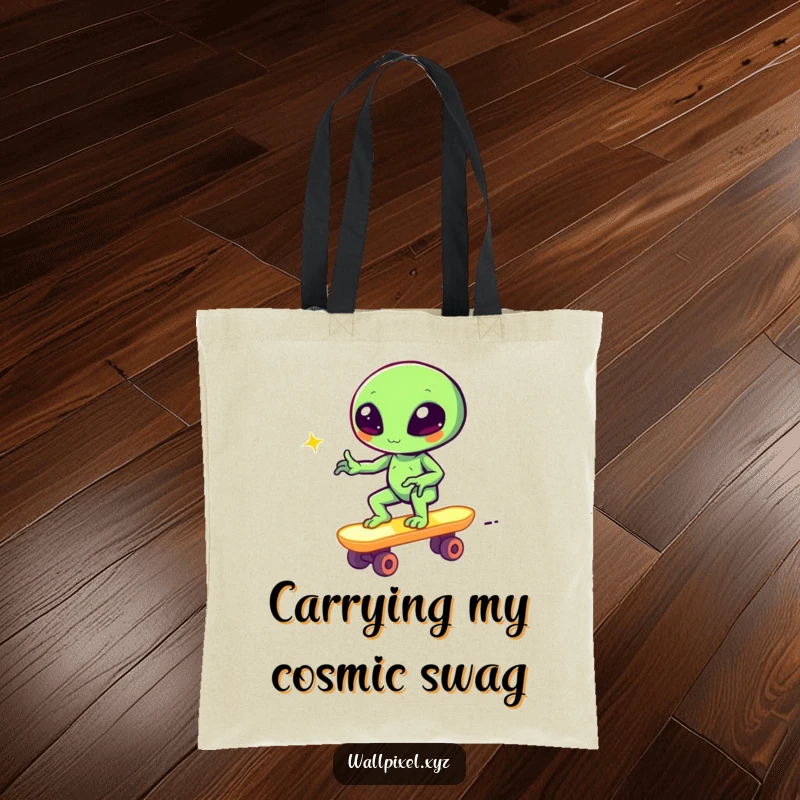 Funny pixel alien winking on a block skateboard, retro gamer tote bag, humorous and functional accessory.