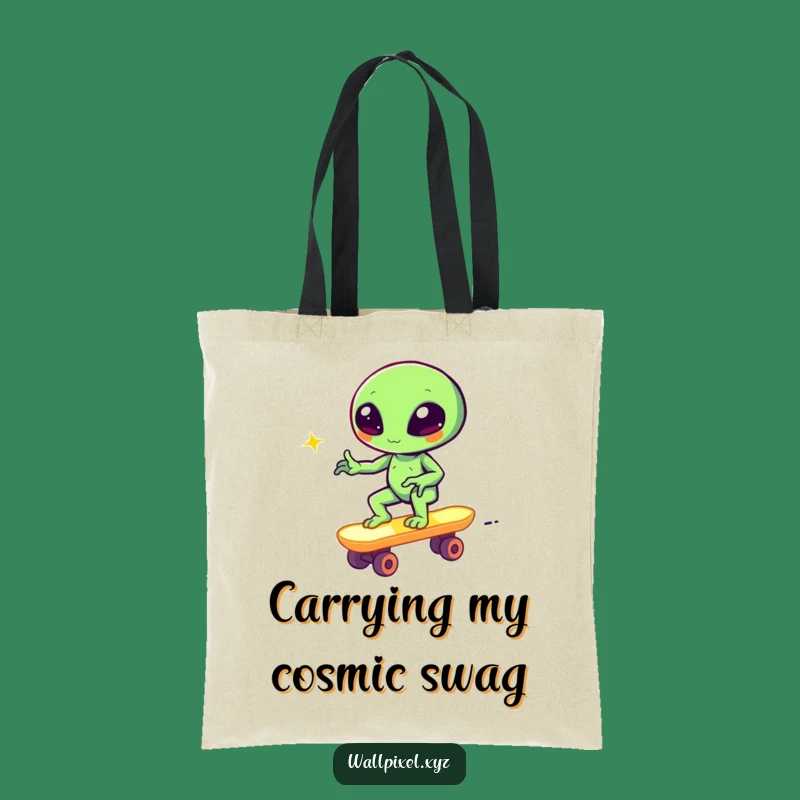 Funny Pixel Alien Skateboard Tote Bag Stylish Retro Gaming Accessory Gift