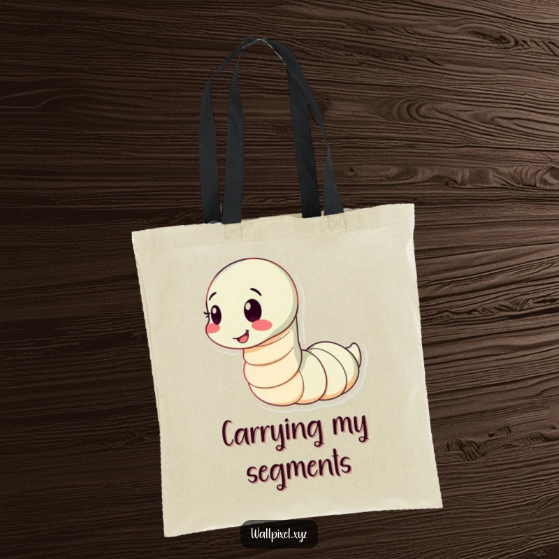 Funny tote bag featuring a segmented worm character wiggling playfully with a happy expression, perfect for carrying daily items.