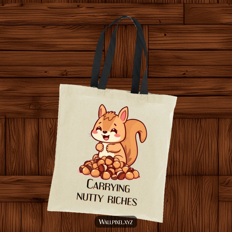 Funny blocky squirrel tote bag, character hoarding pixelated acorns, cute and practical accessory.