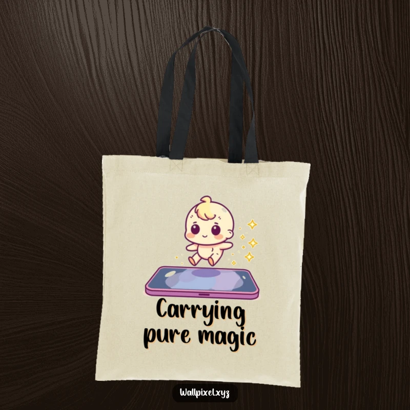 Funny pixel character sliding with a magical sparkly trail on a reusable tote bag.
