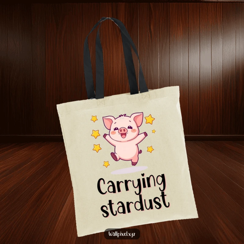 Funny tote bag showcasing a pixelated piglet joyfully jumping amidst blocky stars, perfect for carrying essentials with retro flair.
