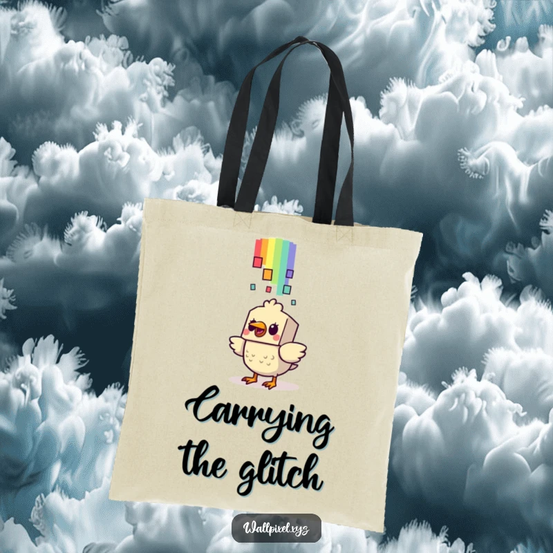 Funny Bird Tote Bag: A blocky bird looks surprised by a falling pixelated rainbow, showcasing a retro and humorous design.