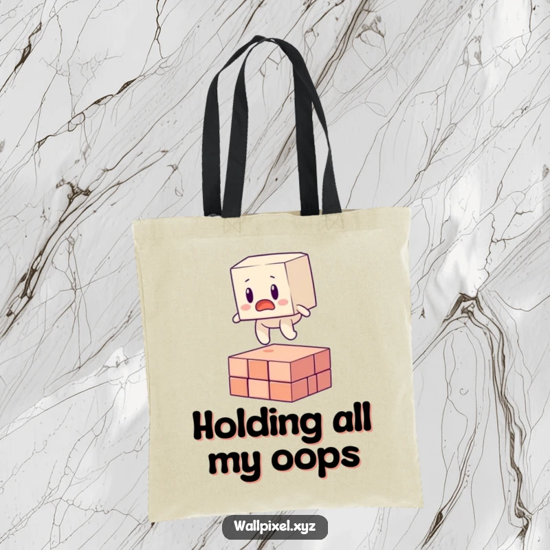 Funny tote bag with a surprised blocky character tripping over a floating pixel, excellent for everyday humor.