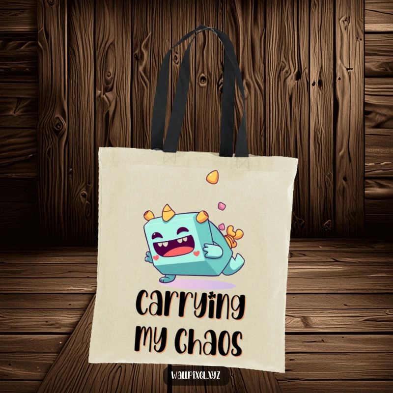 Funny blocky monster character making a funny face while tumbling end over end on a tote bag.