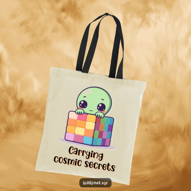 Funny Pixelated Alien Tote Bag with a cute alien peeking from behind a colorful pixelated cube, great for daily use.
