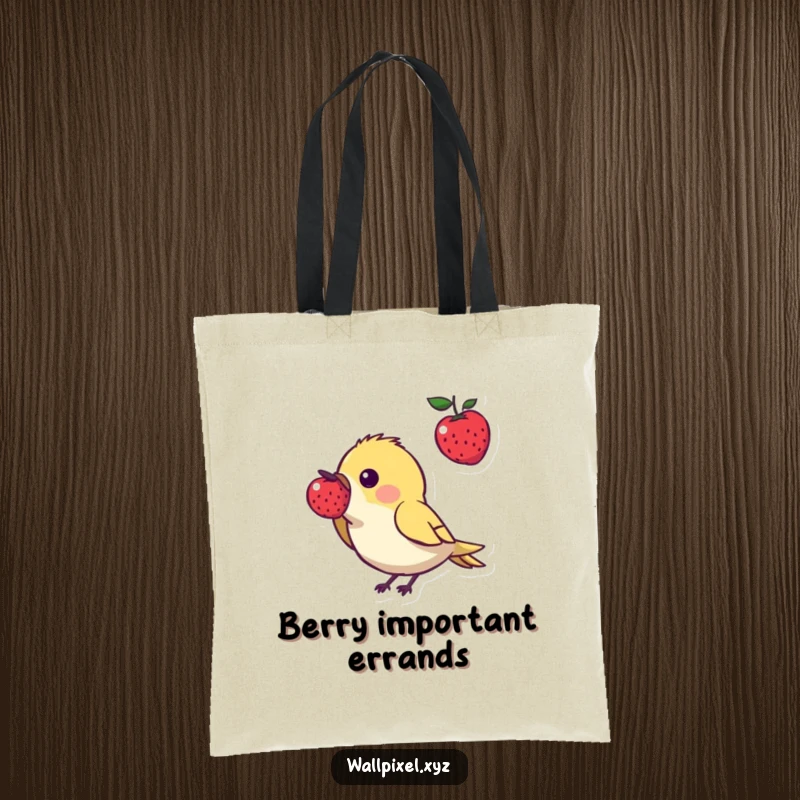 Funny pixel art tote bag illustrating a small, angular bird character pecking at a tiny pixelated berry, ideal for retro gamers and bird lovers.