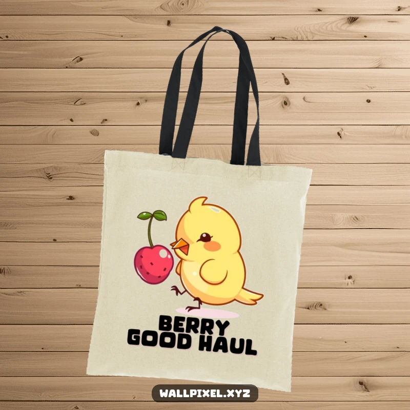 Funny tote bag showcasing a small, angular bird character in pixel art, playfully pecking at a floating digital berry.