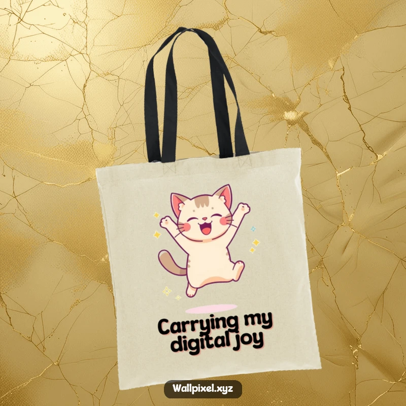 Funny tote bag featuring a pixelated cat jumping with digital sparkles, bringing retro gaming aesthetic and feline joy to everyday use.