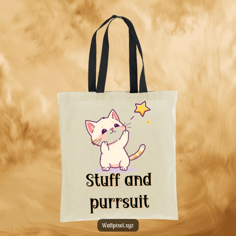Funny tote bag featuring a pixel cat batting at a pixel star, a stylish and humorous accessory for everyday use.